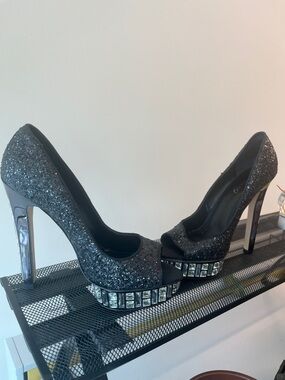 Boutique 9 Black Glitter Peep-Toe Platform Heels with Crystal Accents